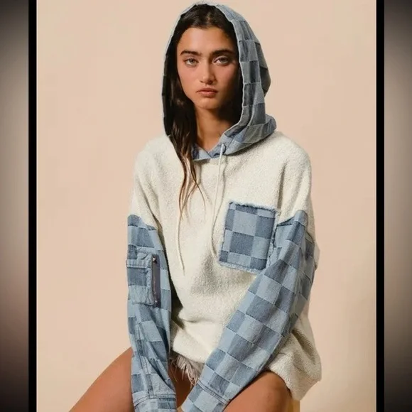 HEAVY LOOP TERRY WITH WASHED CHECKER DENIM HOODED PULLOVER - Picture 1 of 3